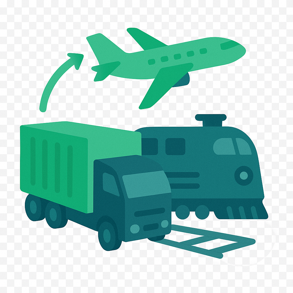 Soluciones Multimodales y Puerta a Puerta - Krom Global Logistics Barcelona - Ilustración servicio logística internacional transporte marítimo aéreo terrestre Europa México Estados Unidos