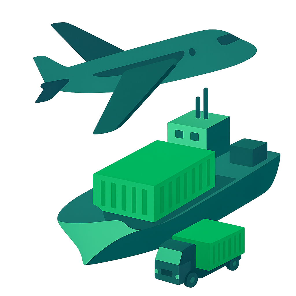 Transporte Internacional - Krom Global Logistics Barcelona - Ilustración servicio logística internacional transporte marítimo aéreo terrestre Europa México Estados Unidos